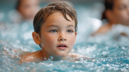 A child learning to swim in a pool with friends