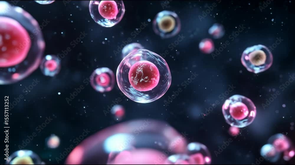 Poster microscopic cells: 3d render of floating pink cell structures on dark background for scientific rese