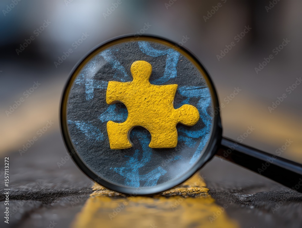 Poster a close view through a magnifying glass revealing an oversized yellow puzzle piece resting on a back