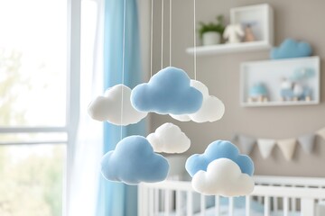 Gentle blue and white mobile with cloud shapes slowly spinning, out-of-focus nursery in background