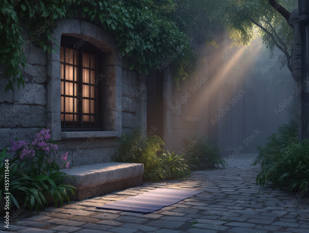 Poster tranquil meditation space amidst lush greenery featuring a yoga mat illuminated by soft light filter