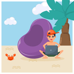 Digital nomad man working in the beach with laptop, friends with crab