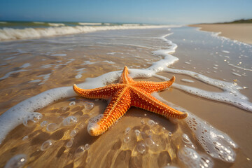 A vibrant red starfish rests on the sandy beach at the seashore, with the ocean waves gently lapping under the summer sky, AI generated