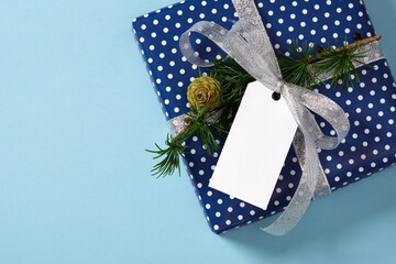 Blue gift box with silver ribbon, larch twig, and blank tag for your text. Blue background, space...