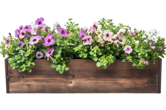 Rustic Wooden Planter Box Bursting with Spring Petunias Floral Window Box for Outdoor Garden Decor