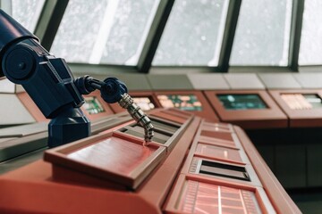 Robotic arm operating control panel in futuristic spacecraft cockpit with large windows