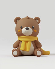 Cute brown bear toy with yellow scarf sitting on a bright background