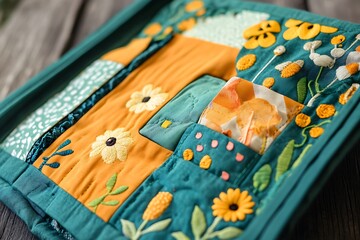 Handmade fabric quiet book opened to reveal interactive activity page 