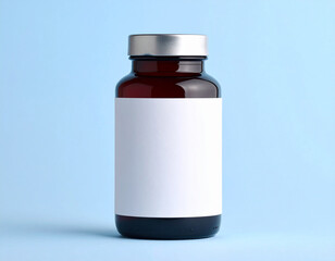 Empty dark brown glass bottle with a blank white label, studio shot against a light blue background.