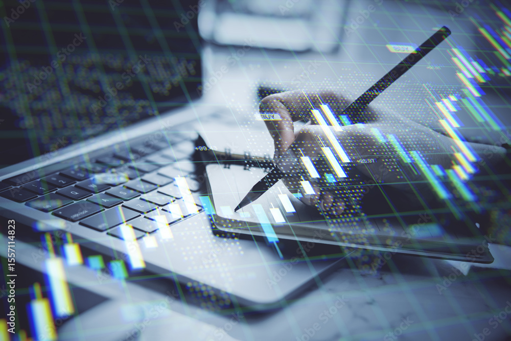 Aufkleber businessperson analyzing financial data with digital stock market graphs overlaid on office desk wit