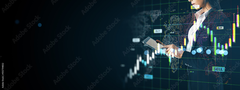 Poster Businesswoman using tablet analyzing global stock market data with digital financial graphs and world map interface on dark background.