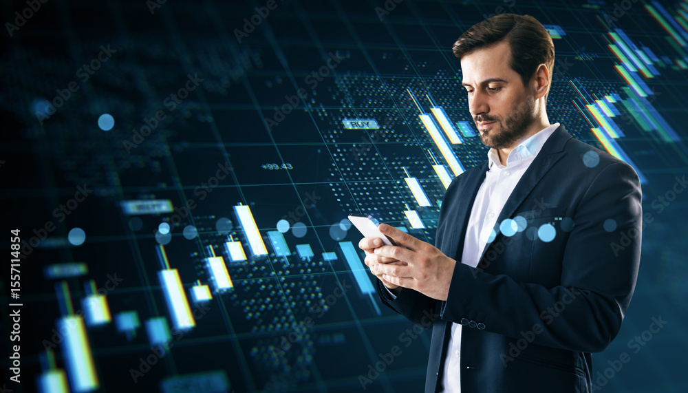 Poster Businessman using smartphone against digital forex chart background showing financial data and stock market analysis concept in modern interface.
