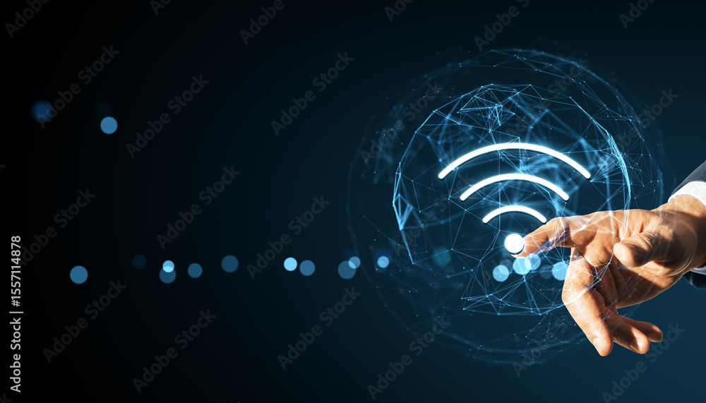 Poster business hand touching glowing wifi symbol with futuristic tech interface on dark background, repres