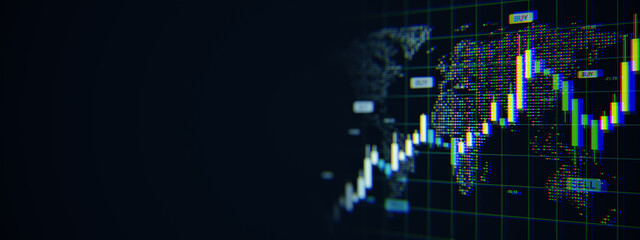 Digital candlestick chart with global map background and trading indicators on dark screen for forex and financial market analysis concept. 3D Rendering