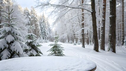 Fototapeta premium Peaceful Snowy Forest Landscape with Winter Trees and Trail Path