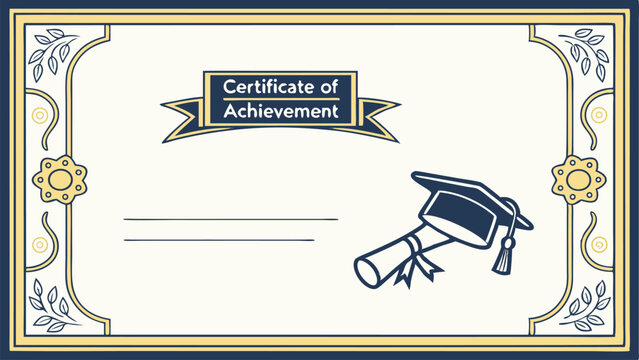 Illustration of a certificate of achievement with graduation cap and diploma on a decorative border frame