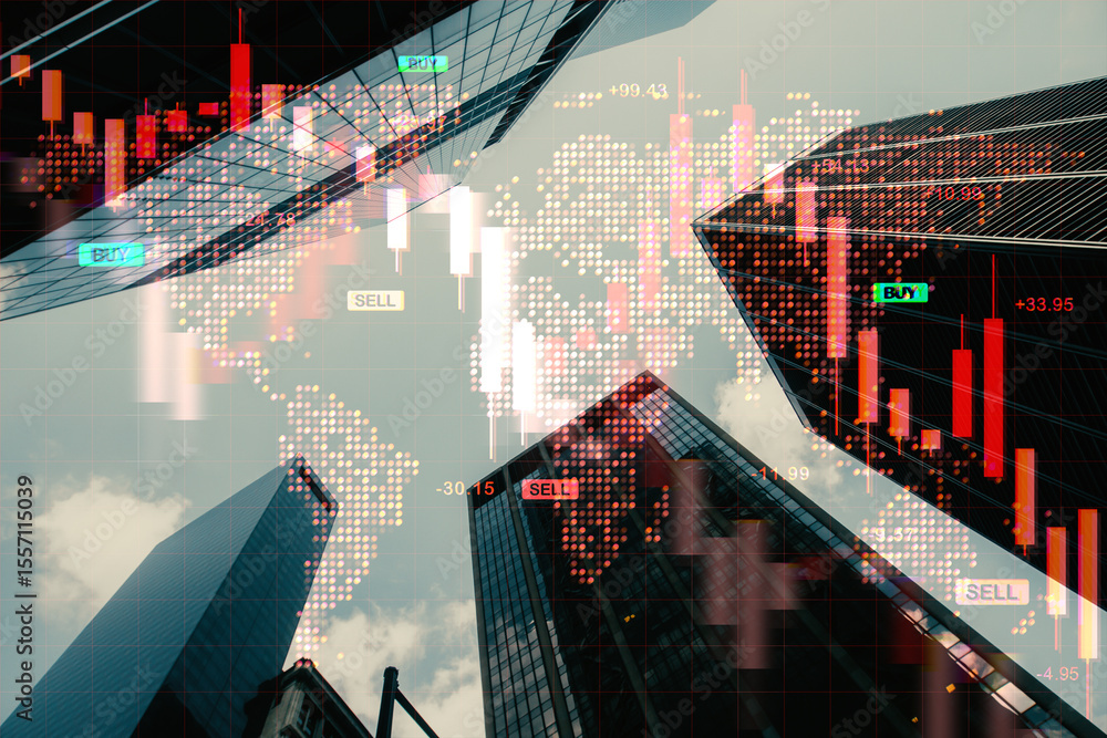 Poster global financial market crash concept with red falling stock charts and skyscrapers reflecting econo