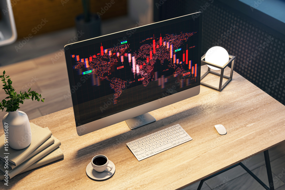 Poster Computer monitor on office desk showing red global financial chart symbolizing stock market crash and economic downturn in corporate workspace. 3D Rendering