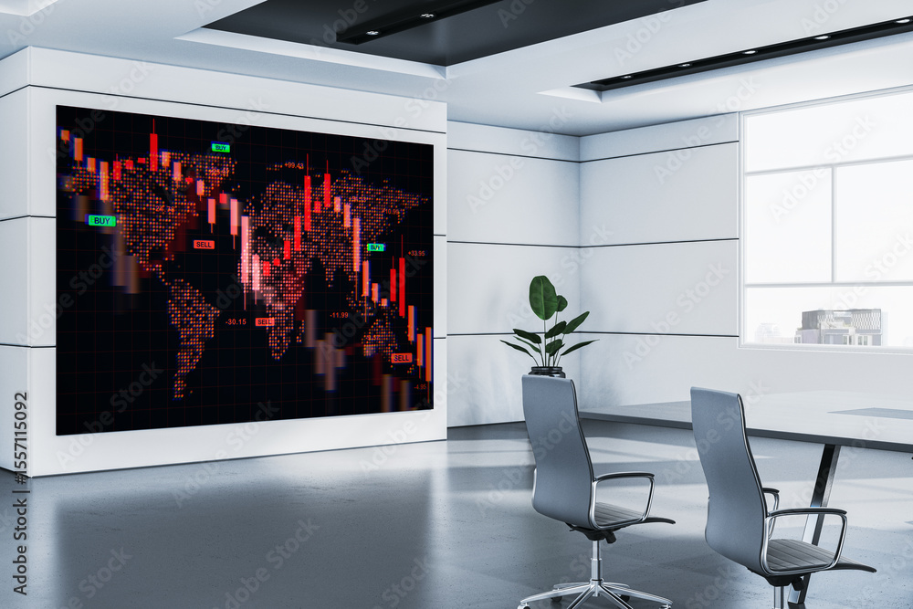 Poster Modern office with large screen displaying global stock market crash data with red falling bars and world map chart on wall display screen. 3D Rendering