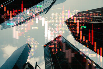 Global financial market crash concept with red falling stock charts and skyscrapers reflecting...