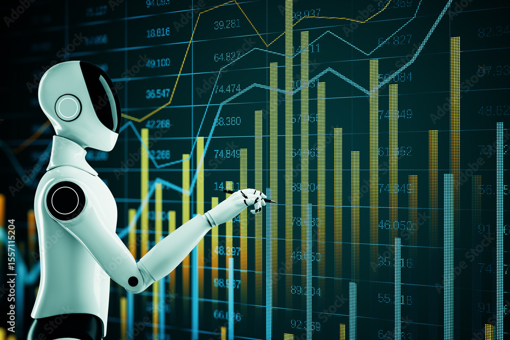 Fototapete Futuristic robot analyzing digital financial charts on a virtual screen in a modern fintech environment focused on investment and trade automation. 3D Rendering