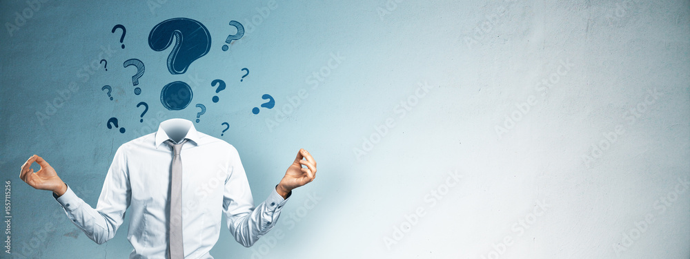 Poster Businessman with head replaced by floating question marks symbolizing confusion and brainstorming on light blue background concept for solution and strategy.