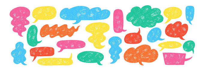 Set of speech bubbles and clouds with crayon or chalk texture. Color illustration on a white background.
