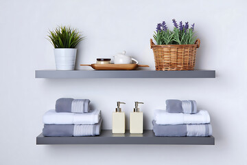 Spa-inspired bathroom shelf styling: gray shelves, fluffy towels, lavender, and elegant soap dispensers.