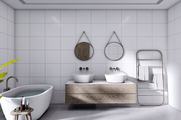 Modern minimalist bathroom interior with wooden vanity, twin sinks, round mirrors, and freestanding bathtub in bright tiled environment. 3D Rendering