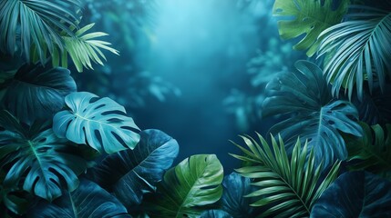 Fototapeta premium Blue Tropical Foliage Leaves Against Deep Space Cosmic Background - Abstract Nature Wallpaper Design