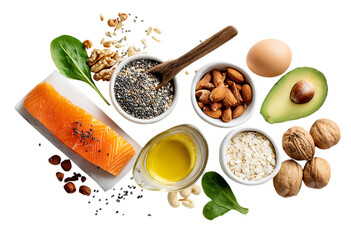 A healthy food concept with vegetables, fruits, and nuts on a white background, top view.