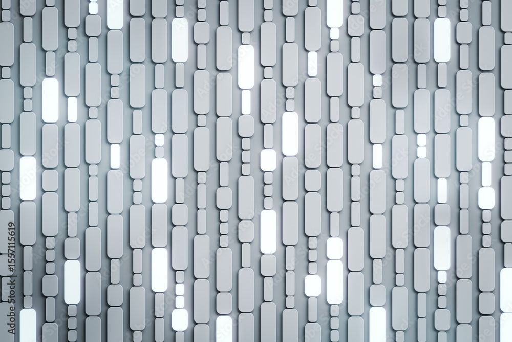 Aufkleber Futuristic vertical white and grey glowing panel design with illuminated surface pattern for modern tech wallpaper or abstract studio backdrop. 3D Rendering