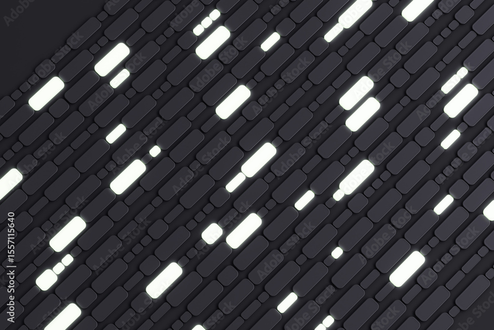 Poster Futuristic black background with glowing diagonal tech-inspired geometric panels in a premium abstract light pattern design template surface style. 3D Rendering