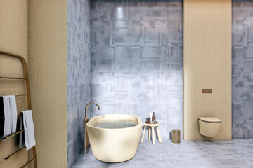 Contemporary luxury bathroom with elegant beige bathtub and gray stone walls in modern interior design showcasing sophisticated home decor. 3D Rendering