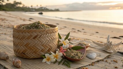 Decorative Basket Filled with Sand on Serene Tropical Beach