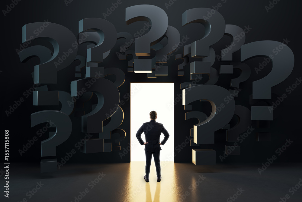 Poster businessman standing in front of glowing doorway surrounded by large dark question marks, symbolizin