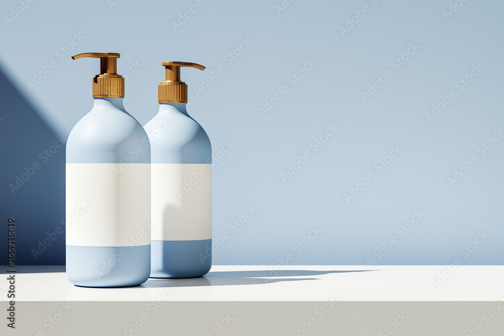 Poster two blank pump bottles for cosmetic or medical branding mockup on clean white surface with blue back