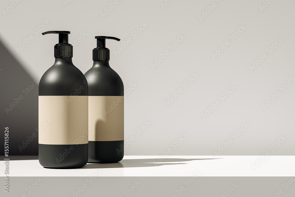 Poster two black pump bottles with blank beige labels on white surface and beige background in sunlight and