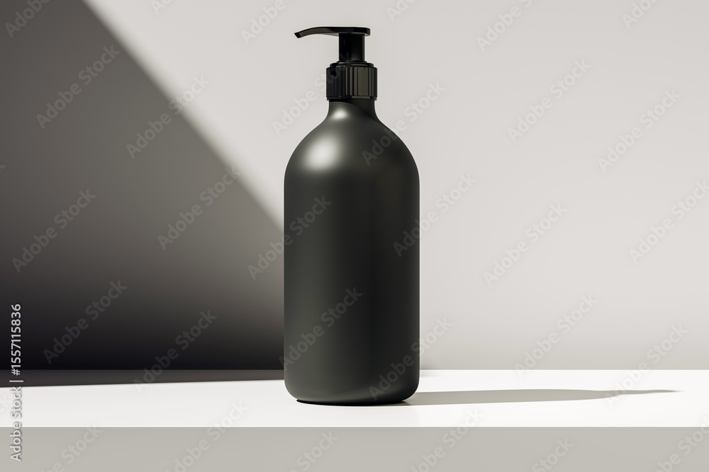 Poster black matte pump bottle mockup for cosmetic branding on light surface with dramatic shadow and clean