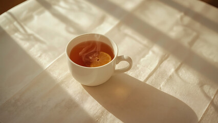 Hot brown tea in a white cup with a saucer, a healthy breakfast beverage with options for sugar or cinnamon