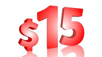 Price symbol 15$. 3D rendering of red text with dollar sign on white background
