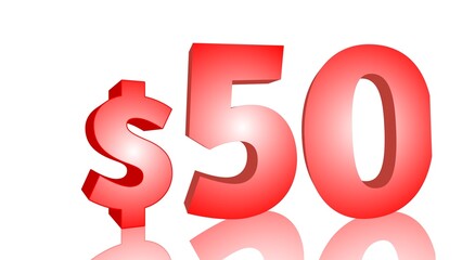 Price symbol 50$ . 3D rendering of red text with dollar sign on white background