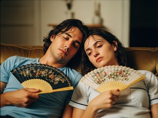 Couple Struggles in Home Heatwave Scene Filled with Sweat, Frustration, and Scorching Summer Sunlight