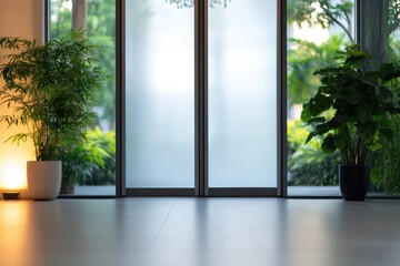 Empty modern room with sliding glass doors and greenery