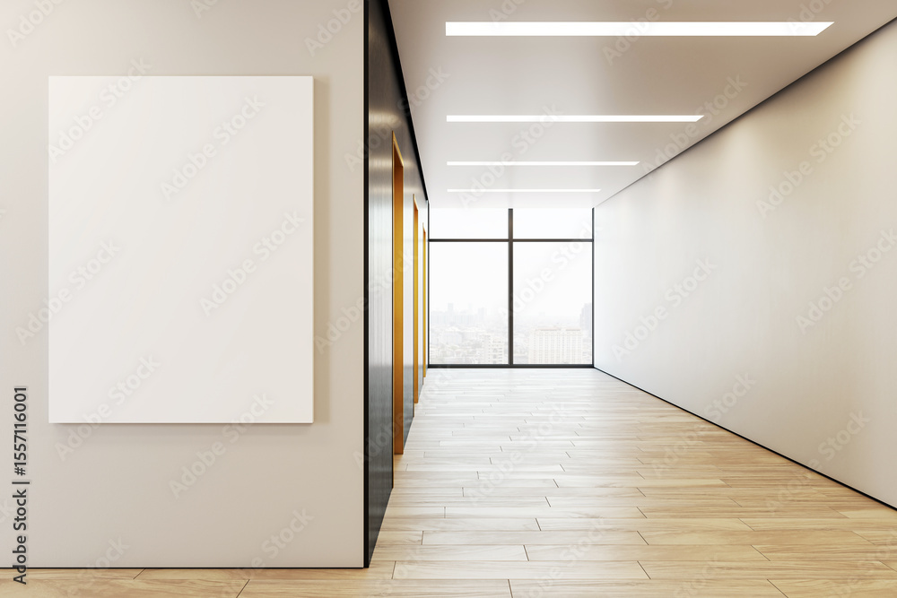 Poster modern corporate hallway with vertical blank poster frame on wall and city view through large office