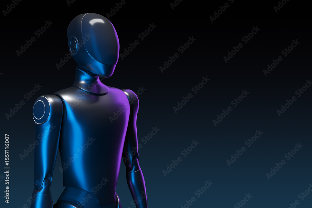 Aufkleber Futuristic humanoid robot with sleek design in blue and purple light on dark gradient background, representing innovation and advanced technology. 3D Rendering