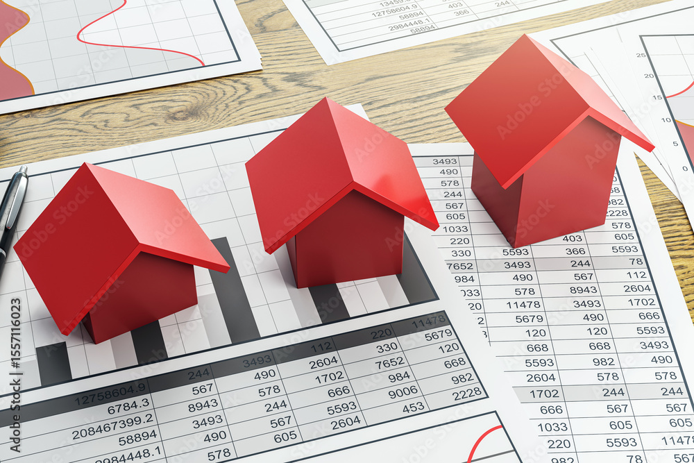 Aufkleber real estate market analysis with red house models on financial data charts and graphs on wooden back