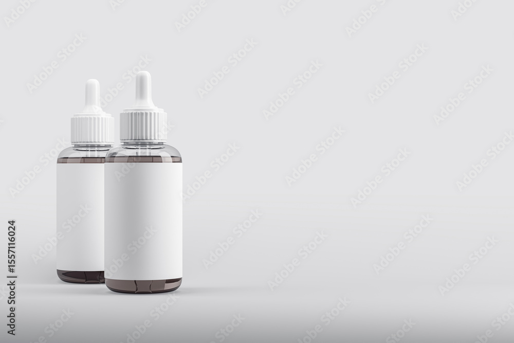 Aufkleber Two blank cosmetic dropper bottles with white labels on light gradient background for modern product branding and presentation concept mockup. 3D Rendering