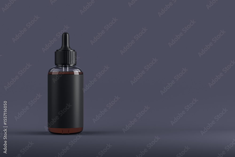 Poster Black cosmetic dropper bottle mockup with blank label on dark background for branding or product design presentation template concept. 3D Rendering