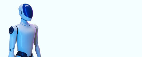 Futuristic humanoid robot in side view on light background with copy space for tech innovation, design template, or advertising banner. 3D Rendering